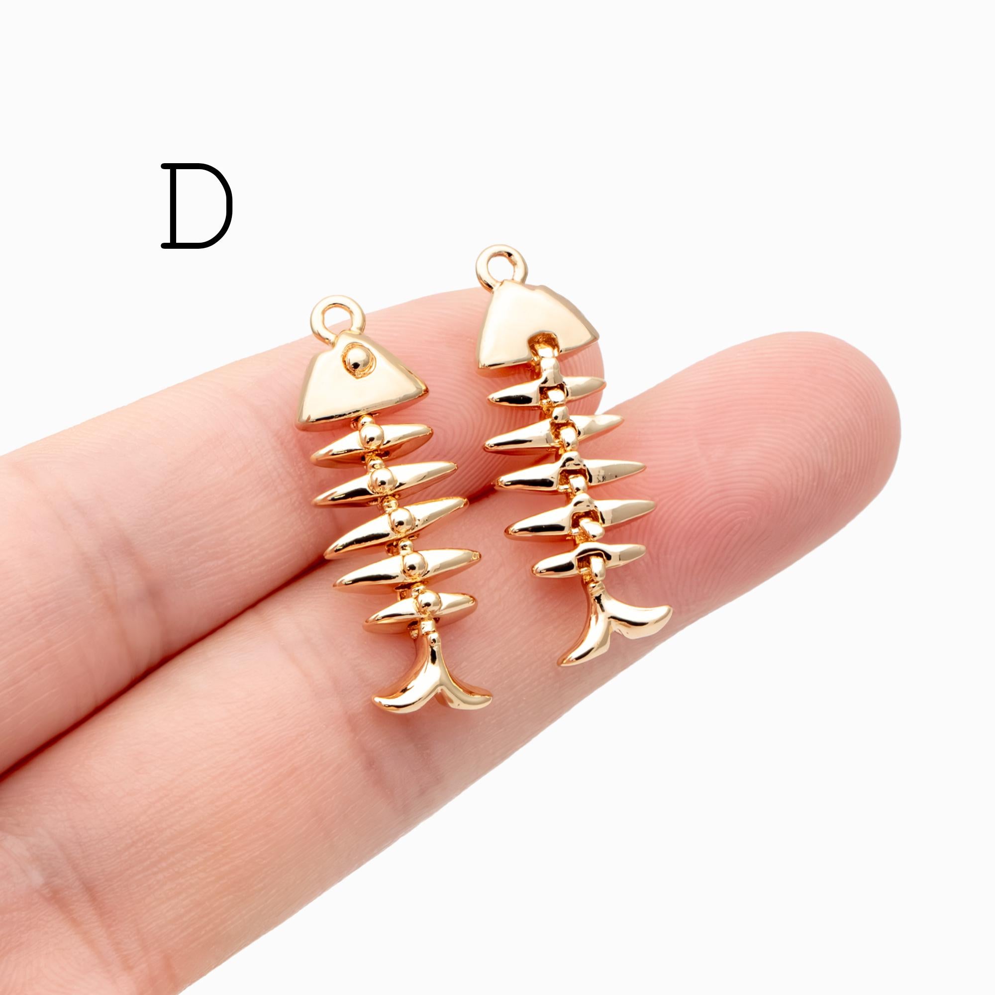 4pcs Gold/ Silver Tone Fishbone Charm, Gold/ Rhodium Plated Brass Fishbone Pendant, Skeleton Pendant (GB-2936)